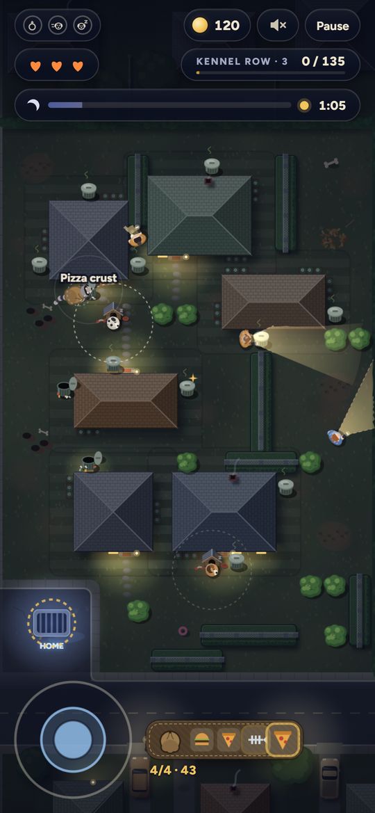 Mitts on a phone screen: the raccoon raids a can beside a sleeping dalmatian while two homeowners sweep their flashlights, with the touch stick and the sack bar at the bottom.